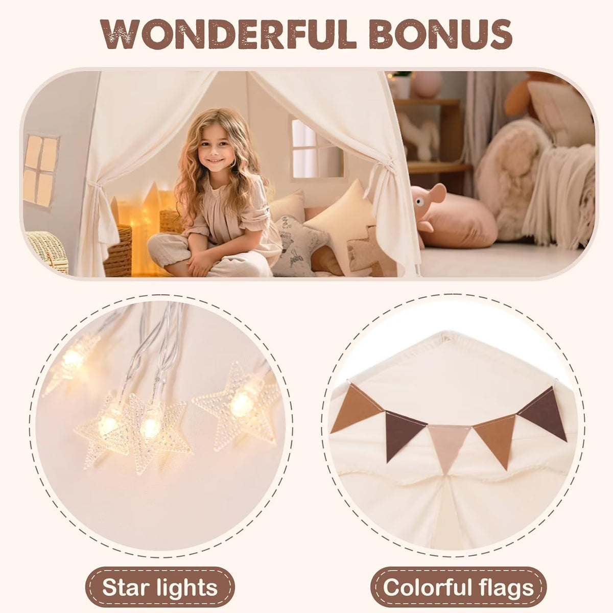 Large Kids Play Tent with Flags & Star Lights,PK