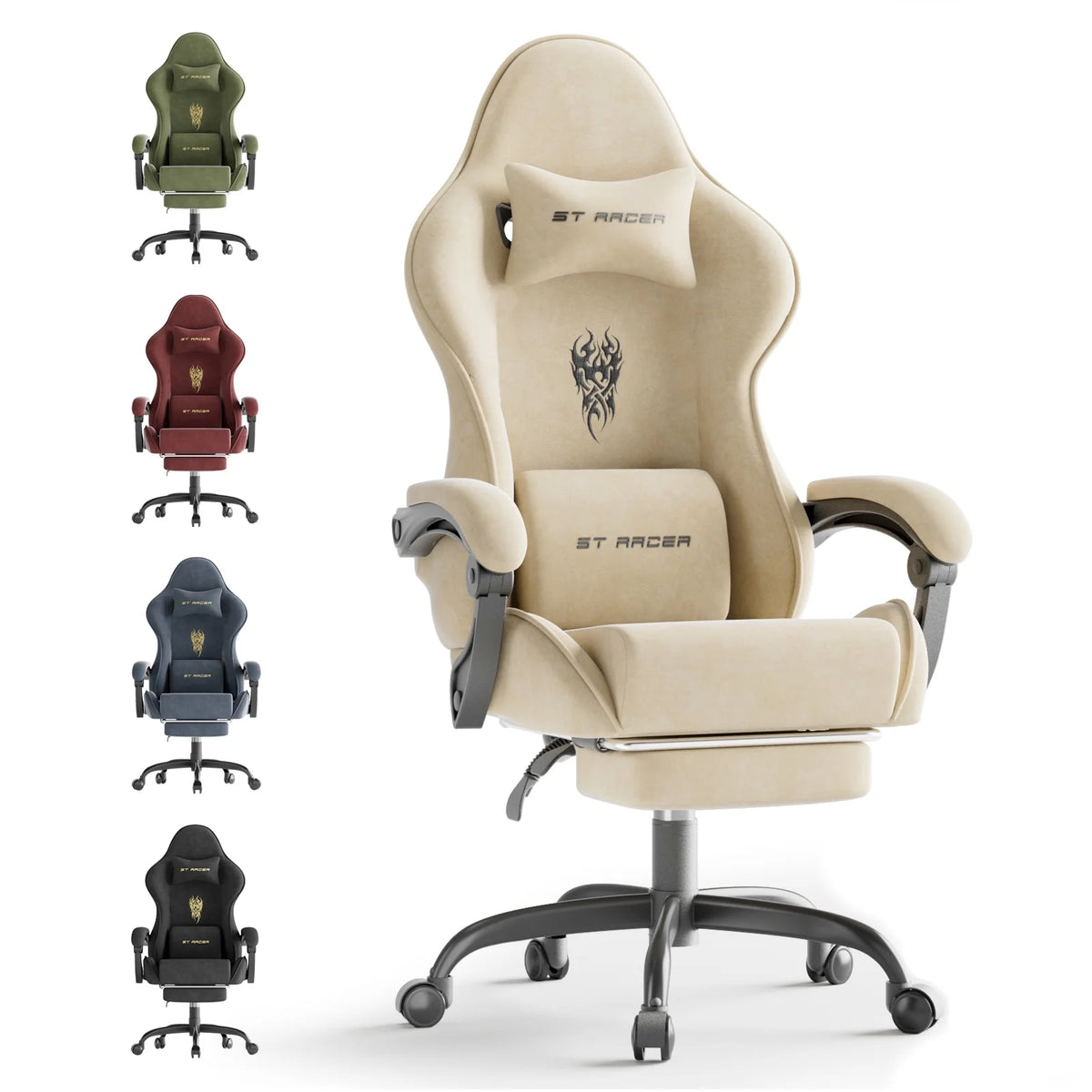 Luxvie Velvet Fabric Gaming Chair with Footrest High Back Ergonomic Gamer Chair with Headrest and Massage Lumbar Cushion Racing Reclining Video Game Chair for Adults Kids, Beige