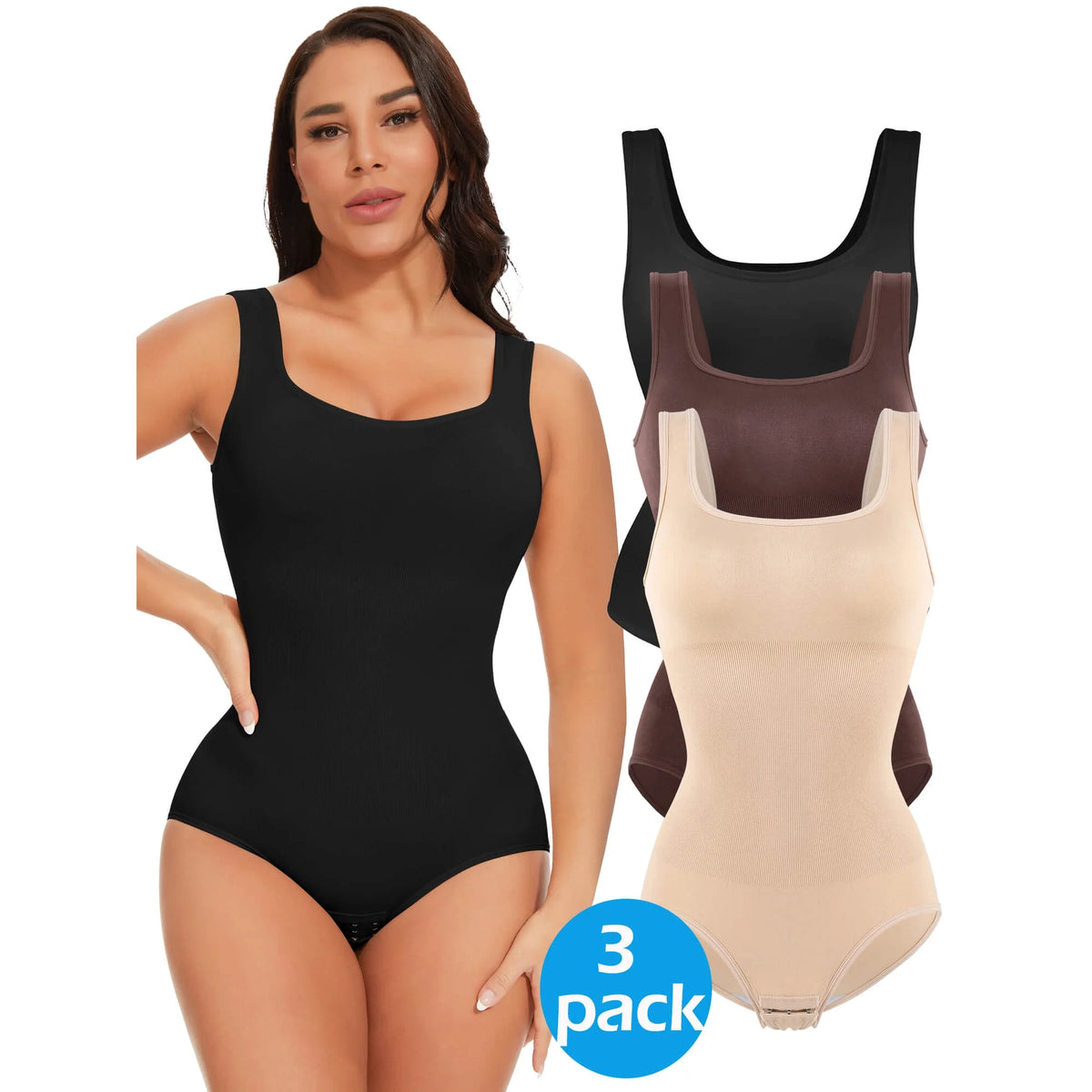 MANIFIQUE 3 Packs Shapewear Bodysuit for Women Tummy Control Slimming Body Shaper Tank Tops