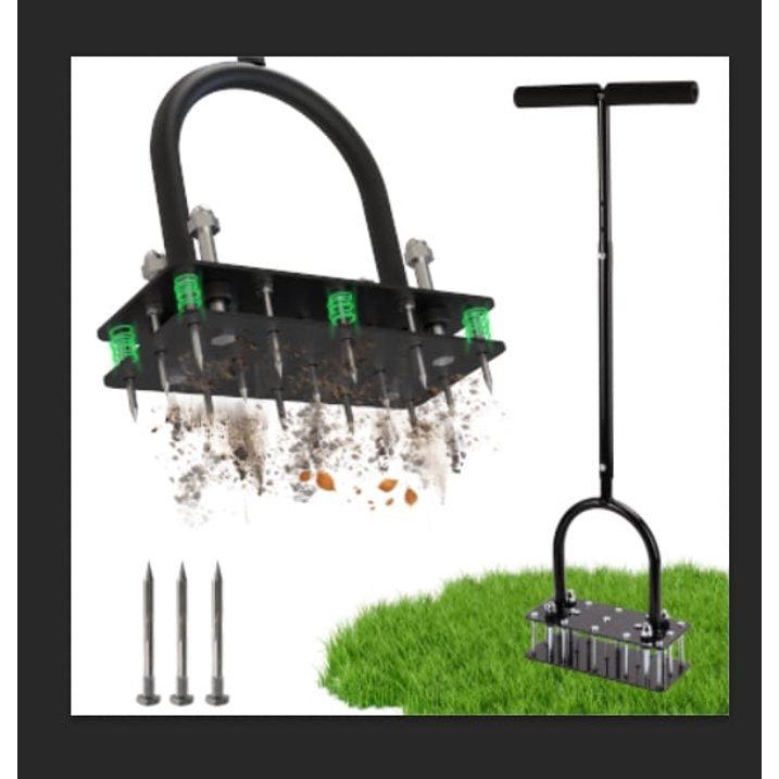 Manual Lawn Aerator Tool – Heavy-Duty Design with 15 Iron Spikes – Automatic Dirt and Leaf Cleaning – Height-Adjustable for Customized Use – Perfect for Aerating Lawns, Yards, and Grass (Black)