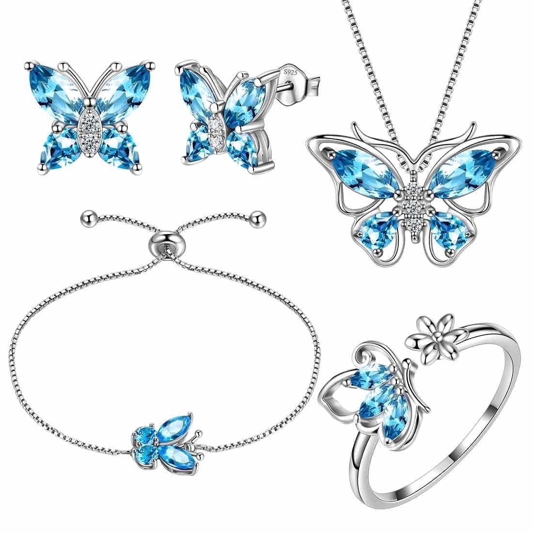 March Birthstone Jewelry Set Blue Butterfly Aquamarine Fine Necklace/Earrings/Ring/Bracelet 925 Sterling Silver Women Birthday Mother's Day Christmas Gift
