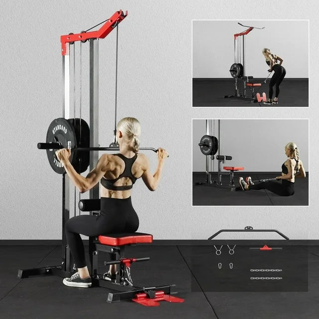 Mikolo LAT Pull Down Machine Set, Multifunction Cable Workout Equipment with Flip-up Footplate and Plates Storage Posts     