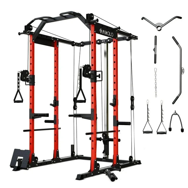 Mikolo Power Rack Cage, 1500 lbs Weight Rack with Cable Crossover Machine, Multi-Function Squat Rack with J Hooks, Dip Bars and Landmine for Home Gym (Red)