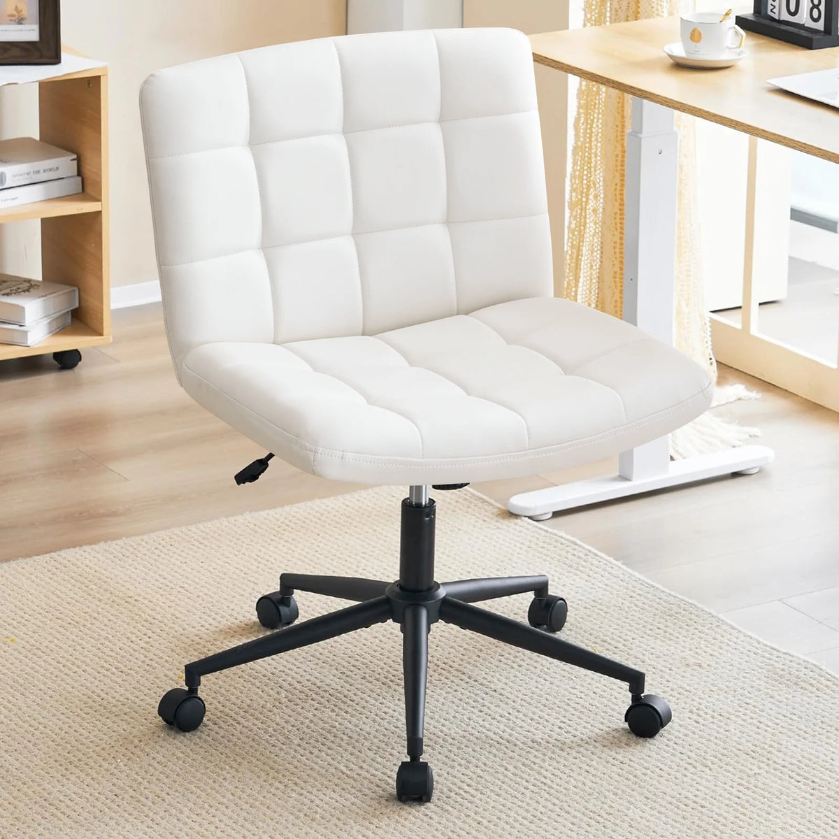 Modern Armless Home Office Chair Wide Desk Chair with Wheels Swivel Task Chair for Home Office, Bedroom. PU-Ivorywhite