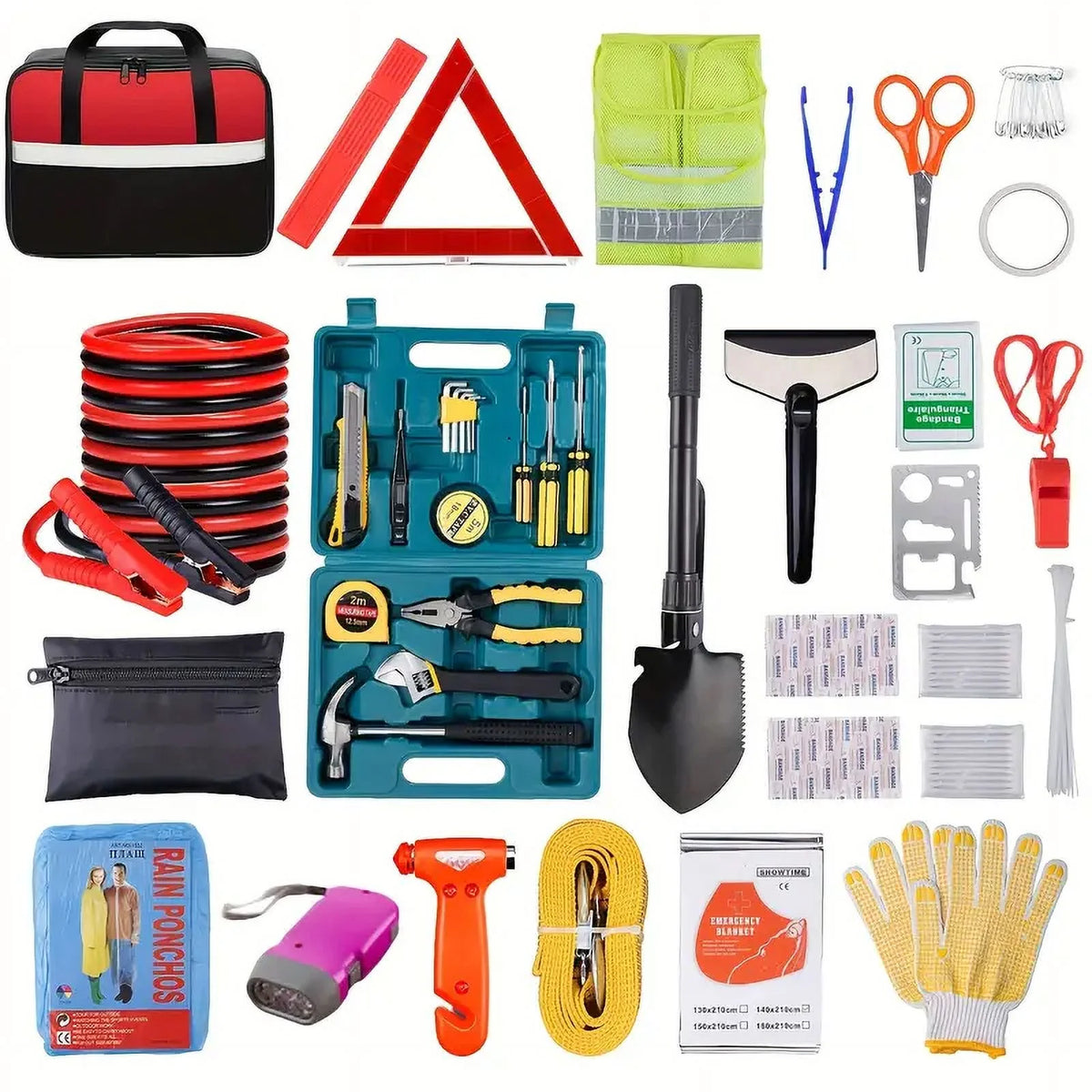 NEXPOW Car Emergency Kit, Roadside Assistance Kit with Jumper Cables, Tow Rope, Shovel, Flashlight for Car, SUV, Truck