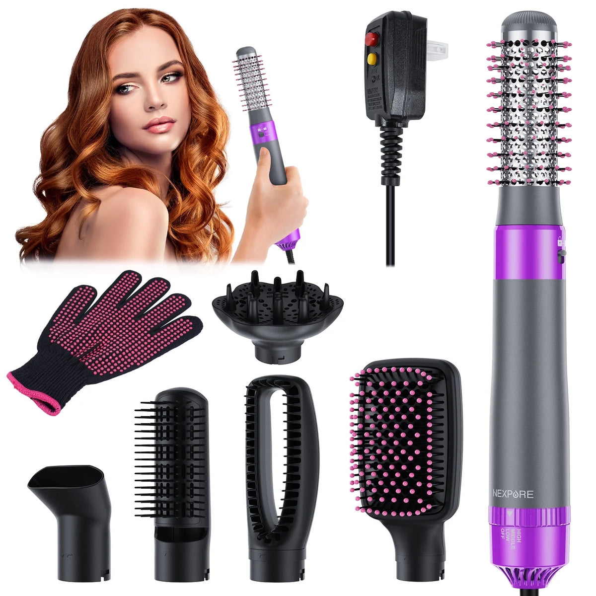 NEXPURE 6 in 1 Hot Air Styler, Dusty Purple Blow Dryer Brush, Fast Drying, No Heat Damage