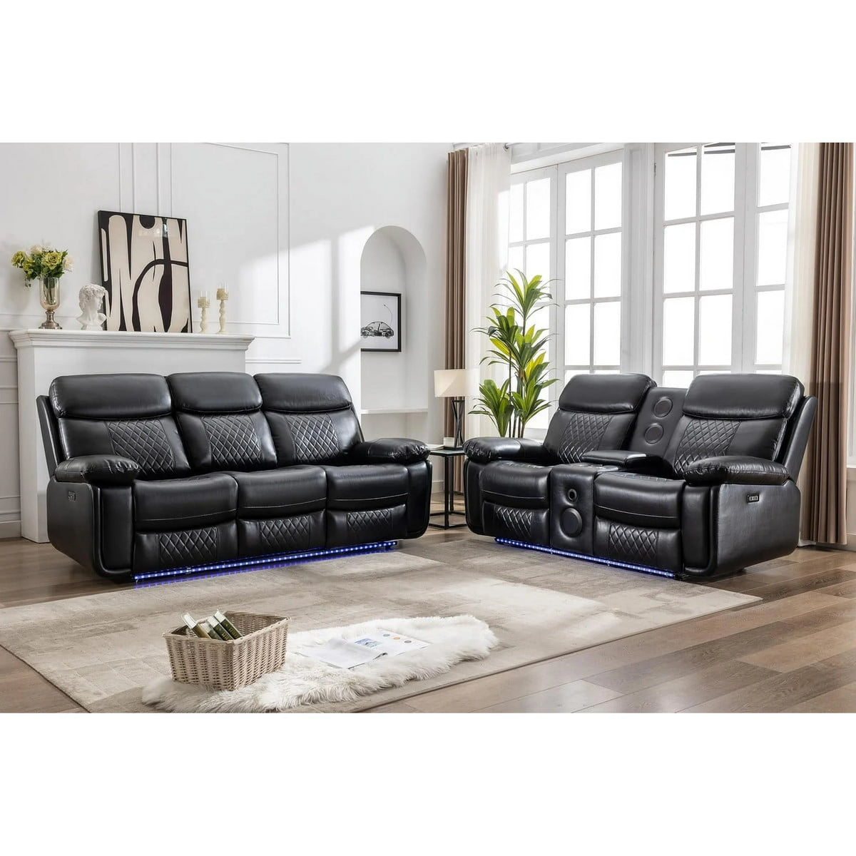 Othniel 2PCS Power Recliner Sofa Sets with Bass Speaker,Wireless Charger LED Light,USB Port,Gray