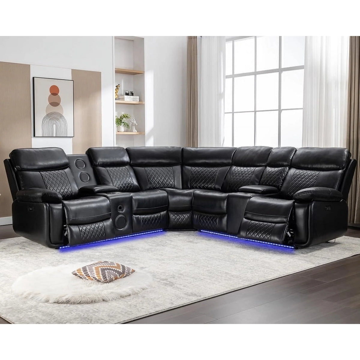 Othniel Power Reclining Sectional Couch with Bass Speaker Ambient Light USB Port,Cup Holder Black