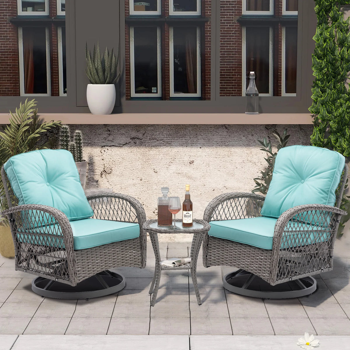 Seizeen Patio Furniture Set, 3 Pieces Outdoor Swivel Gliders Rocker, Wicker Bistro Set with Thickened Cushions, Rattan Porch Balcony Furniture Chair for 2 with Table, 360°Swivel