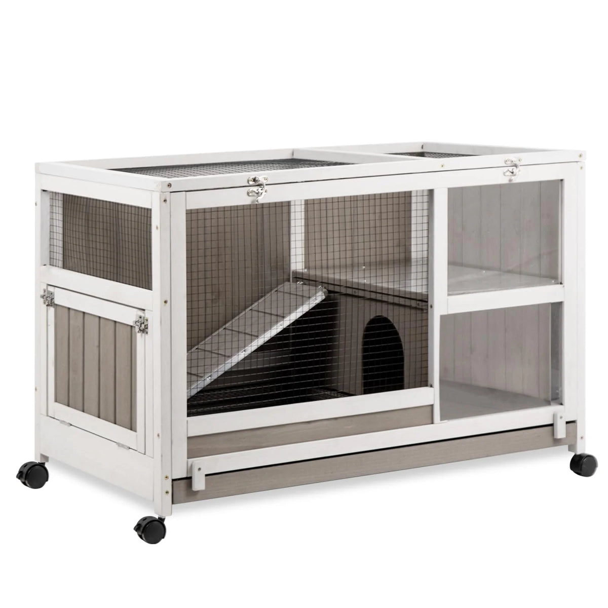 PETSCOSSET Guinea Pig Cages Indoor Wooden Rabbit Hutch with Ramp, Pull-Out Tray, Wheels