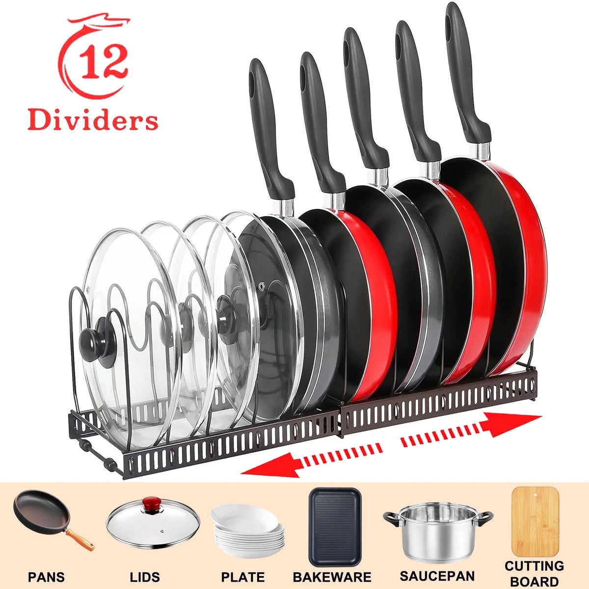 Aovky Pot Lid Organizer with 12 Adjustable Dividers, Expandable Metal Pots and Pans Organizer for Kitchen