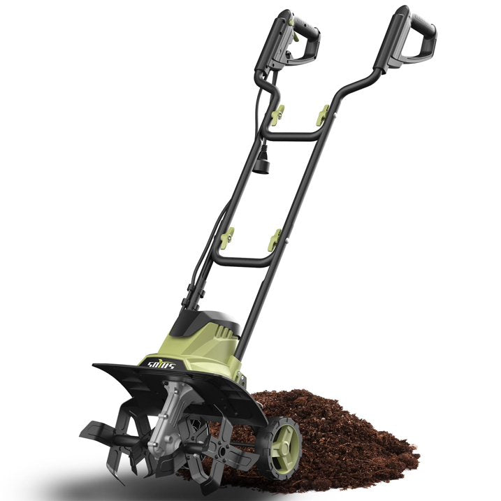 SOYUS 14 Inch Electric Tiller Cultivator 12 Amp Corded Tiller for Gardening, Garden Tiller with Folding Handle, 4 Steel Tines Wheeled Rototiller for Lawn Yard Soil Tilling