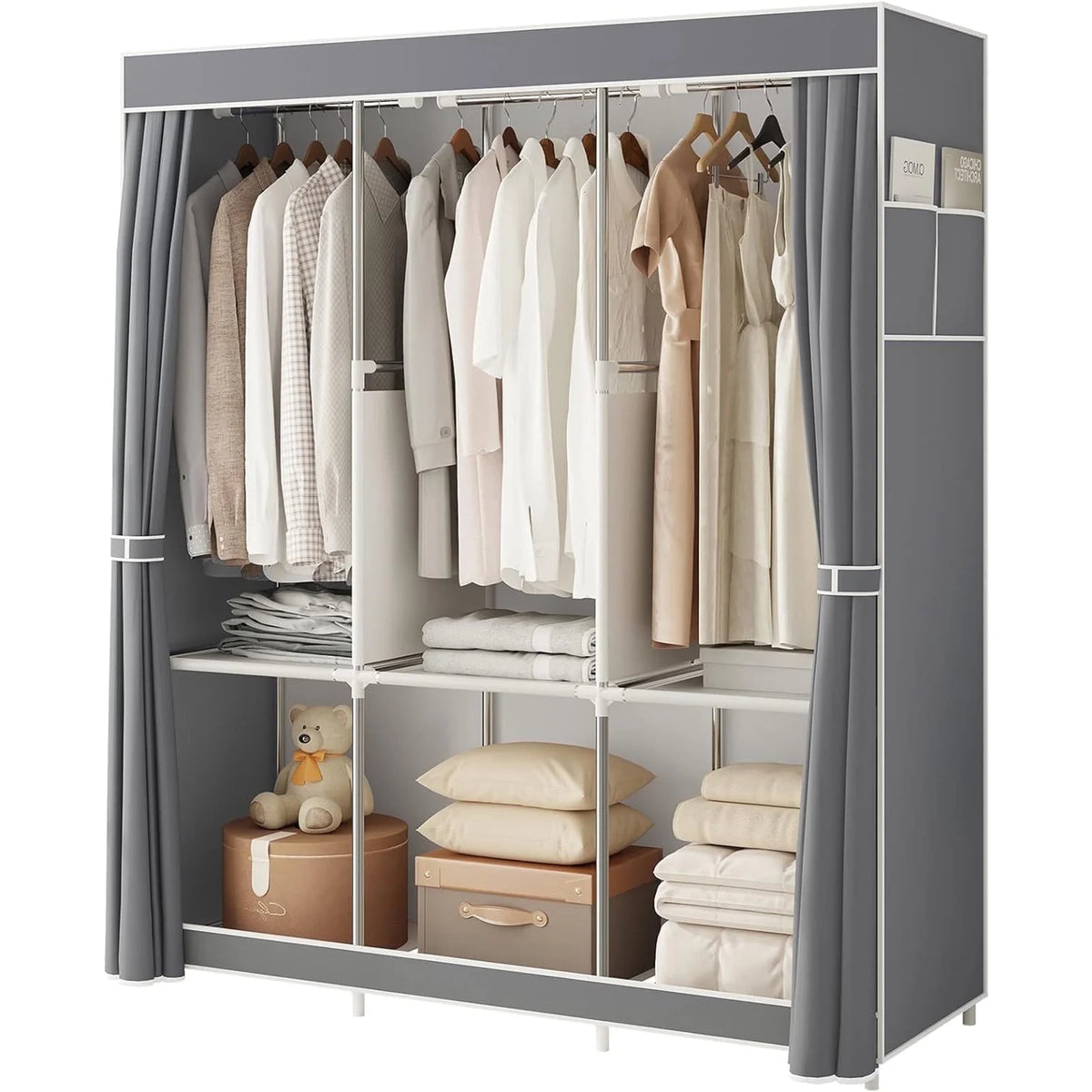 SUSUZI Portable Wardrobe Closet Multifunction Wardrobe Fabric Folding Clothes Storage Organizer Closet Cloth Wardrobe Bedroom Storage, Grey