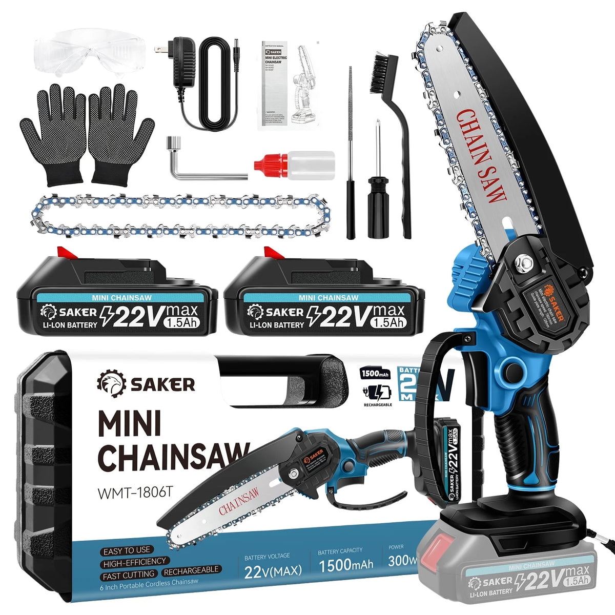Saker 6 inch Small Handheld Chainsaw with 2 Batteries 2 Chains, Powerful Electric Chainsaw for Efficient Cutting, Ideal for Wood Cutting, Tree Trimming, Blue