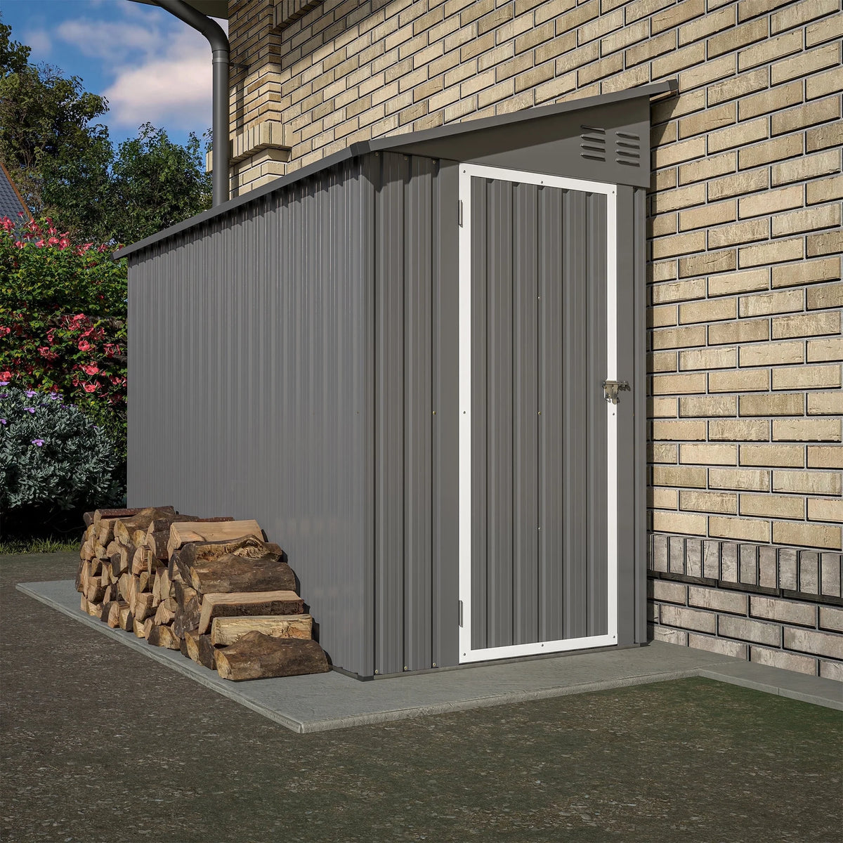 Seizeen 4' x 8' Shed, Lean to Storage Shed w/Floor Frame, Lockable Garden Tool Storage Shed Wall Side Design, Outdoor Patio Shed Space-saving, 2 Air Vents, Padlock