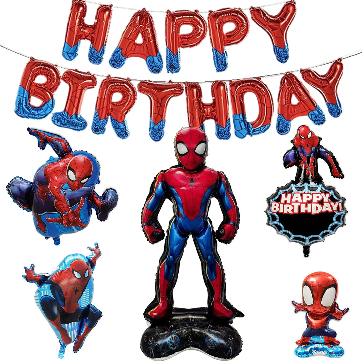 Spider Theme Happy Birthday Banner and 5PCS Spider Character Giant Balloons for Boys Girls Birthday Party Decoration