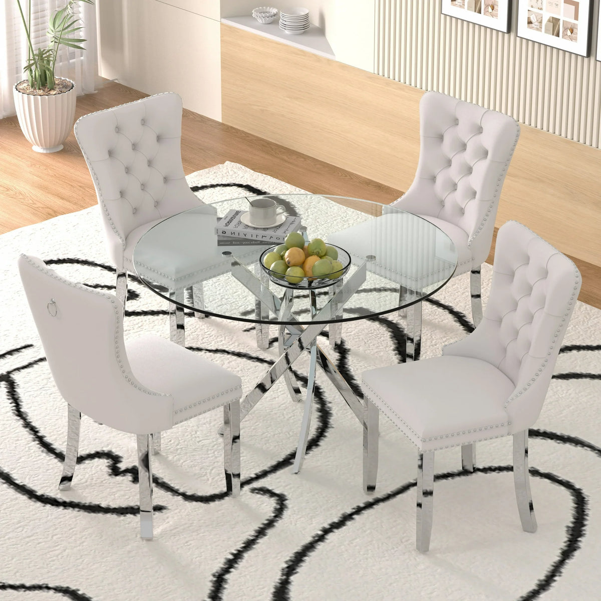 Sumdeal 47" Modern Round Glass Dining Table Room Sets for 4,Dining Table with 4 Velvet Dining Chairs,Black Table and 4 Beige Velvet with Silver Leg