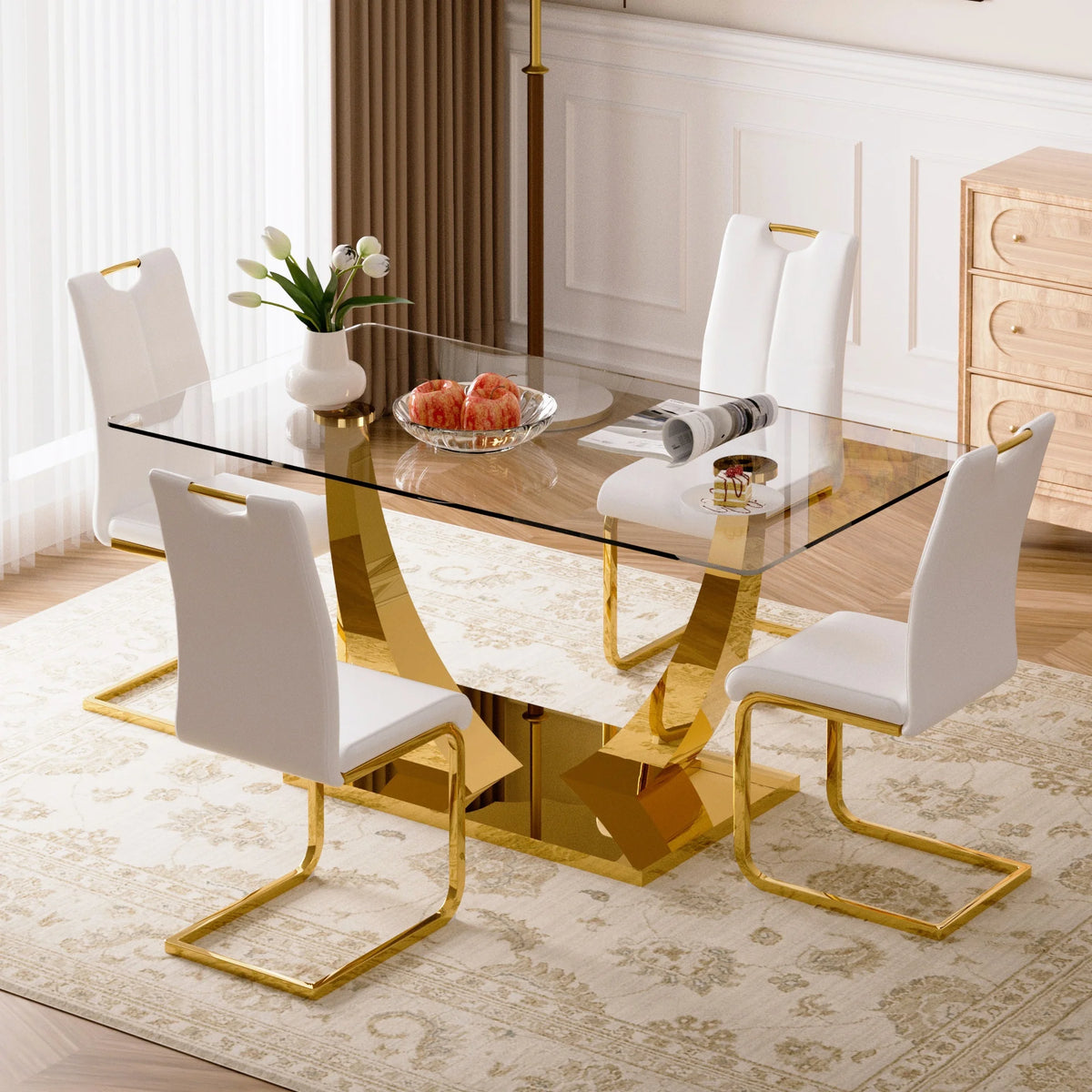 Sumdeal 63" Glass Dining Table with PU leather C-shape Metal Leg Chairs,Dining Furniture sets for Dining Room,Modern Dining Table sets for 4-6 people