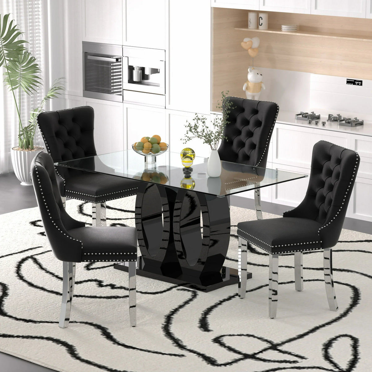 Sumdeal Contemporary 5-Piece Dining Table Set - 63" Tempered Glass Table with Black Double Pedestal Base & 4 Black Velvet Tufted Dining Chairs