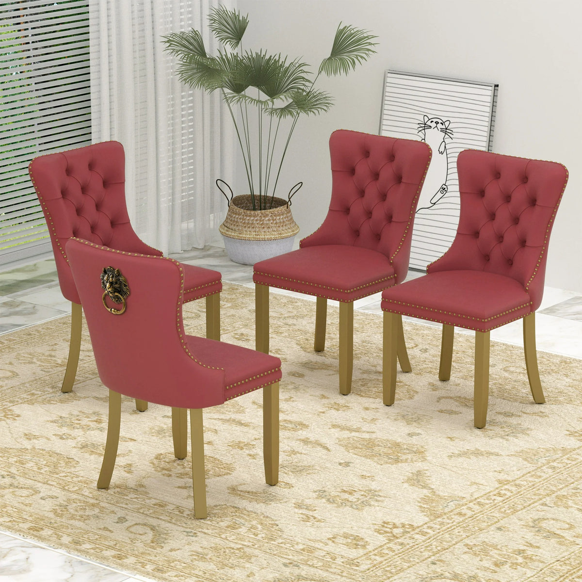 Sumdeal Mid-Century Modern Dining Chairs with Lion Head Pull Ring - High-End Tufted Velvet Upholstered Accent Chairs with Golden Legs & Nailhead Trim,Red,Set of 4