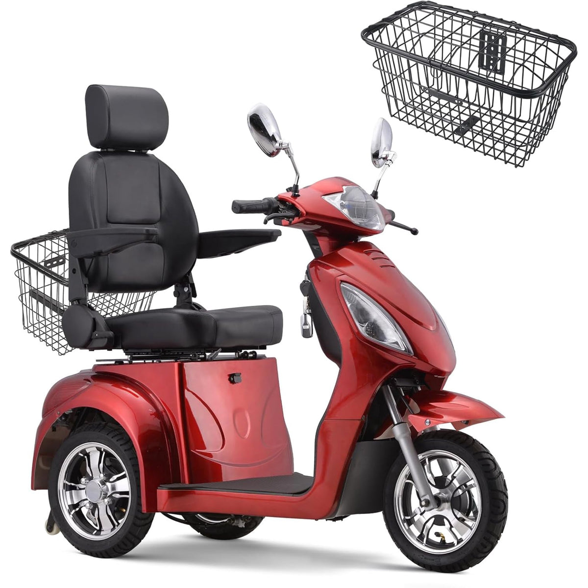 Super Large Electric 3 Wheel Mobility Scooters, Heavy Duty 800W Wheelchair Device, 500 LBS Capacity for Seniors Adults, Speed Adjust, Remote Key, Receive Ready to Ride.(Red)