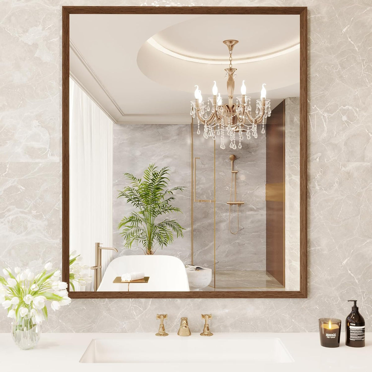 Swafrrt 22 x 30 Bathroom Wall Mirror with Walnut Wood Grain Framed, Vanity Mirror Anti Rust, Anti Fog, Waterproof