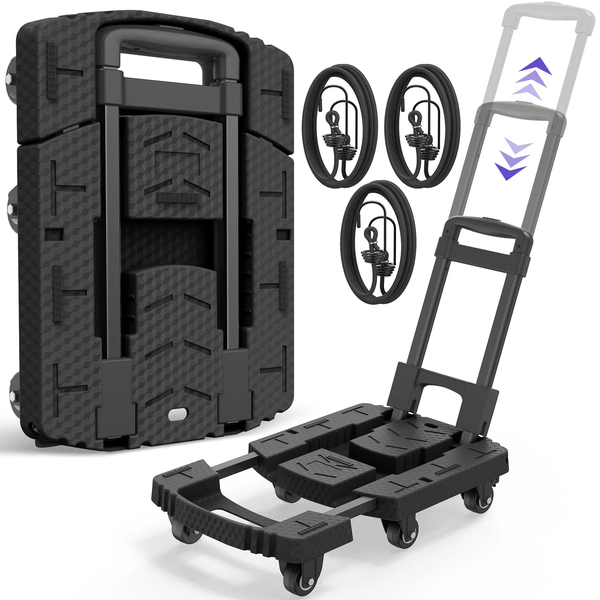TNTANTS Hand Truck, 500 LB Heavy Duty Portable Dolly, Folding Dolly Cart with 6 Wheels & 3 Elastic Ropes for Luggage, Travel, Moving, Shopping, Office Use, Black