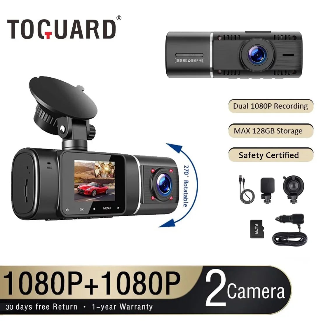 TOGUARD Dual Dash Cam Front and Inside 1080P Dashcam for Cars with 64GB SD Card IR Night Vision Car Camera for Taxi Vehicle Accident Lock Parking Monitor