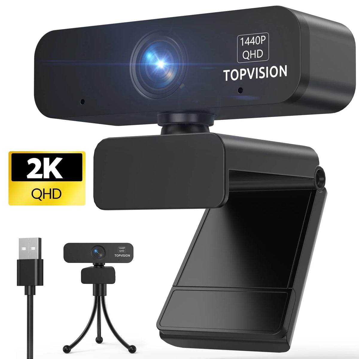 TOPVISION ZC08 2K Web Cam with Adjustable Mount Tripod (Stand), Black, New