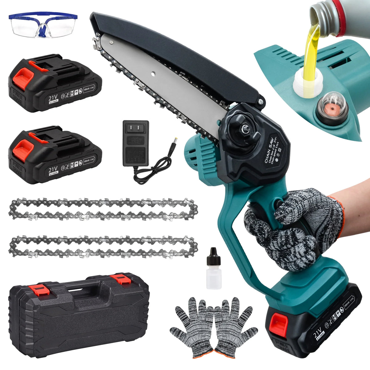 Tidymend Mini Chainsaw 6 inch Electric Chainsaw with Automatic Oiler, Cordless Chain Saw with 2 Chains, 2 Batteries Charger for Tree Trimming, Branches Cutting