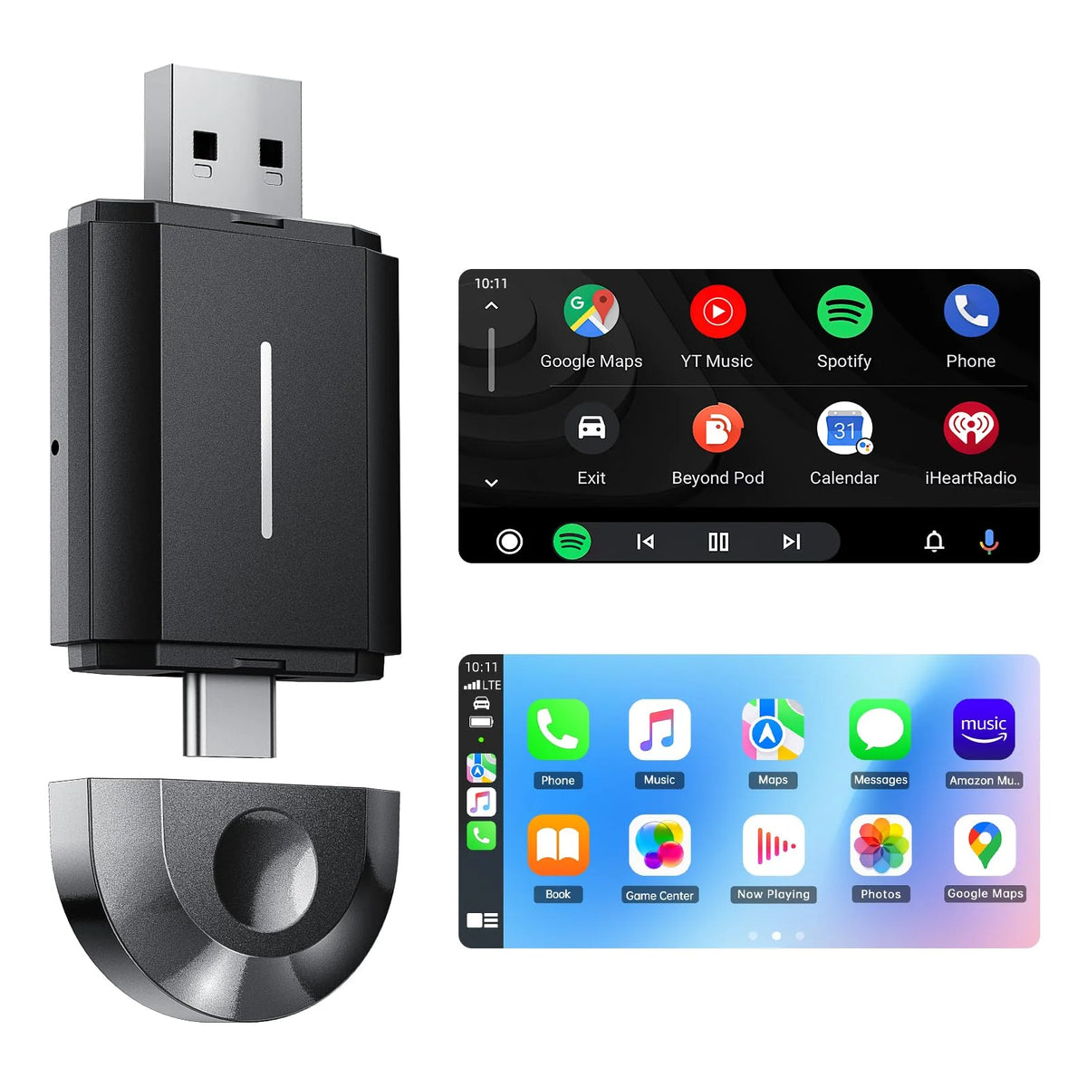 Toguard 2 in 1 Wireless Carplay Adapter for Apple Carplay & Android Auto, Adapter for Converts Wired to for Cars, 5.8GHz WiFi, Plug & Play, iOS 10+ & Android 12+, Bluetooth, Black