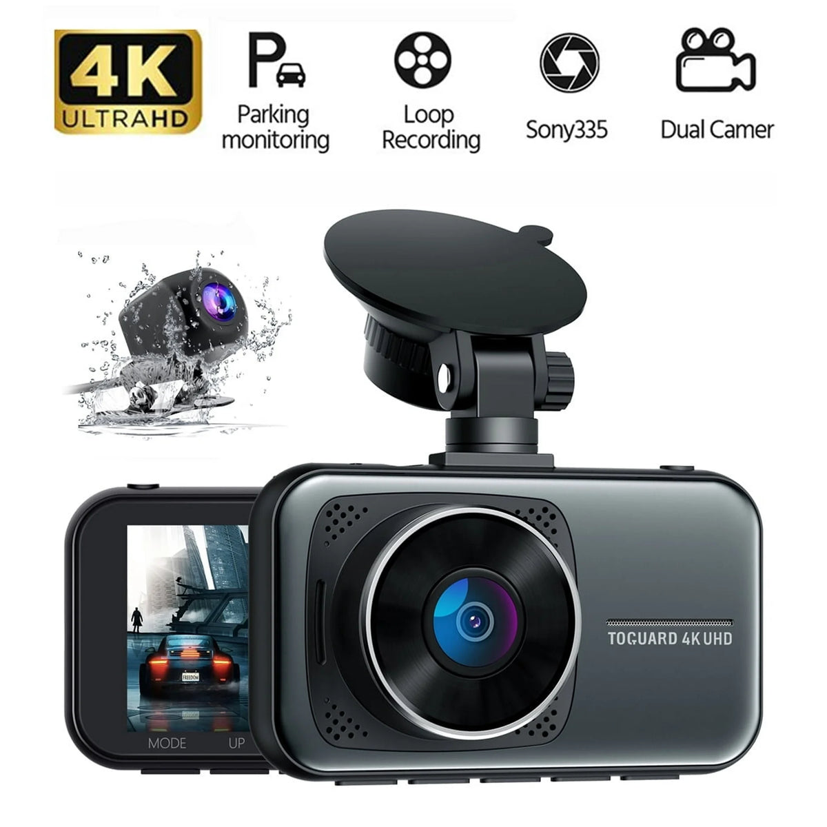Toguard 4K Dash Cam Front and Rear 3 inch Dual Dash Camera, with 1080P Waterproof Car Camera, Loop Recording, G-Sensor, Night vision, Parking Monitor, WDR