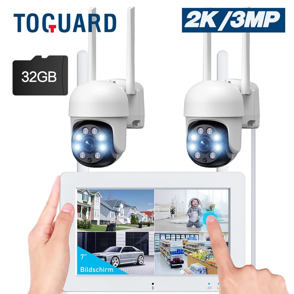 Toguard SC26 2K/3MP Wired Security Camera System Outdoor with 7" Monitor PTZ Dome Surveillance Camera WiFi Wireless Connector
