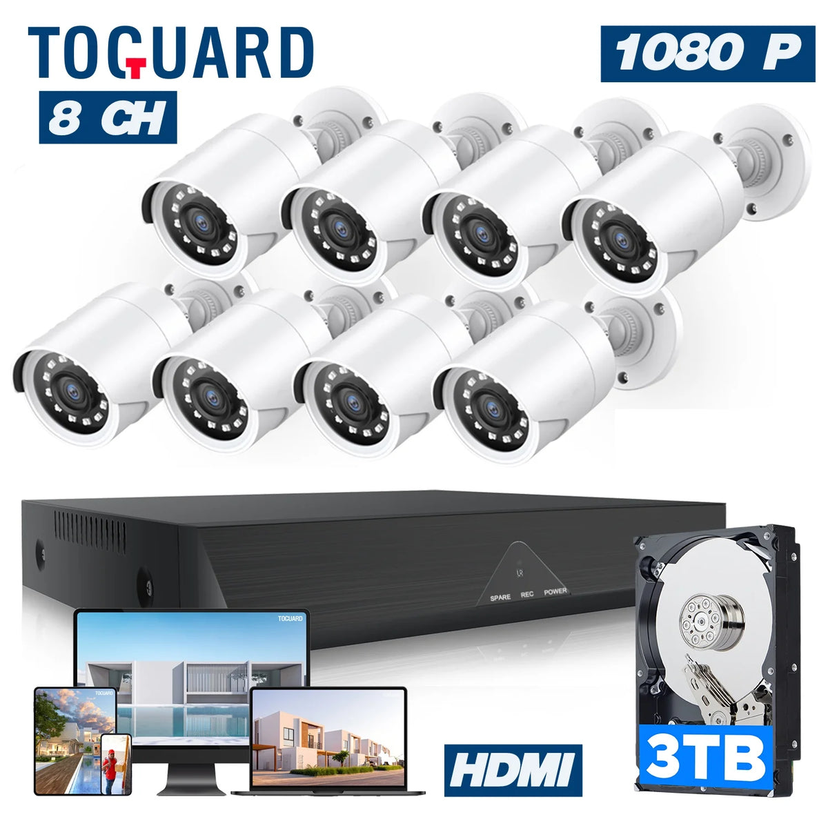 Toguard SC35 8CH Wired Security Camera System Outdoor with 3TB Hard Drive 8pcs 1080P Bullet Surveillance Cameras HDMI Connector