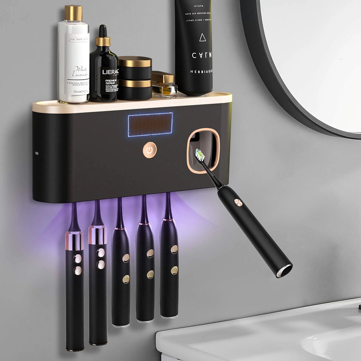 Toothbrush Holders for Bathrooms, UV Toothbrush Sanitizer Wall Mounted with Toothpaste Dispenser, Large Capacity Tray, Tooth Brushing Holder Bathroom Accessories