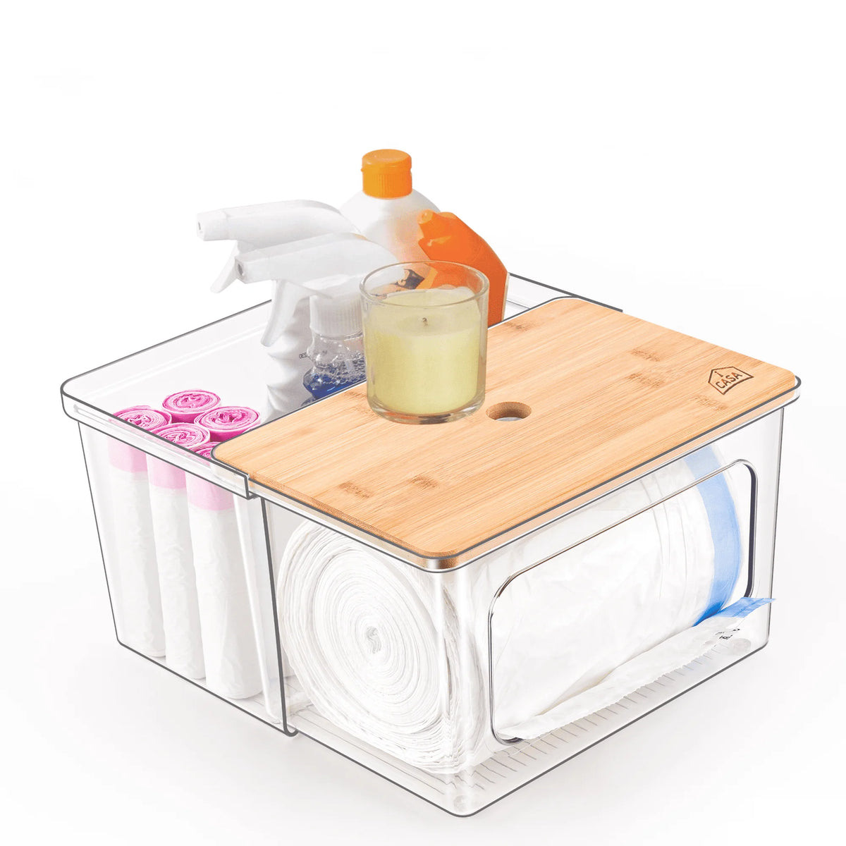 iCASA Garbage Bag Container 2 in 1 With Bamboo Lid for Laundry Room Organization, Under Sink, Kitchen, Cabinet, Home Decor, Extra Large Stackable Acrylic Bag Storage Box