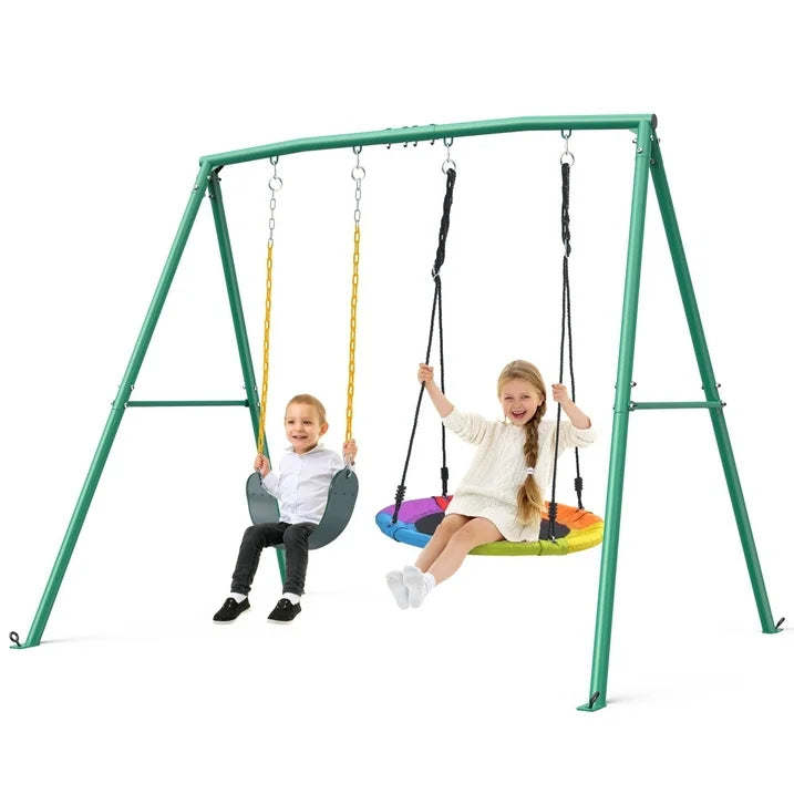 Trekassy Kids Swing Set with Saucer Swing Belt Seat, 440lbs Capacity Heavy Duty A Frame Metal Stand for Backyard, Outdoor Playground Safe Durable