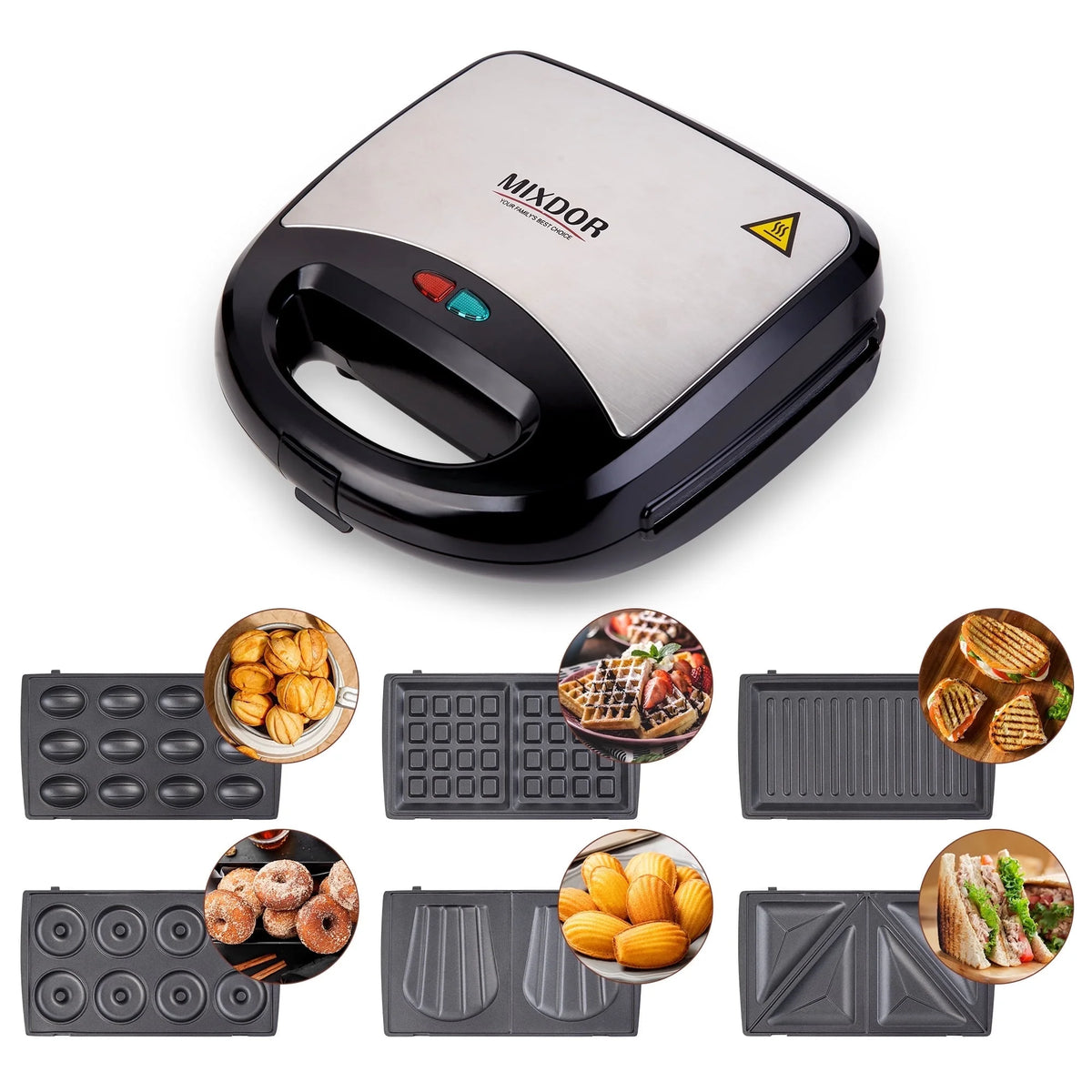 Uarter 6-in-1 Waffle Maker Electric Sandwich Maker with Removable Non-Stick Plates, Perfect for Crafting Sandwiches, Paninis, Nuts, Waffles, and Madeleines, Ideal for Cooking Grilled Cheese, Burgers