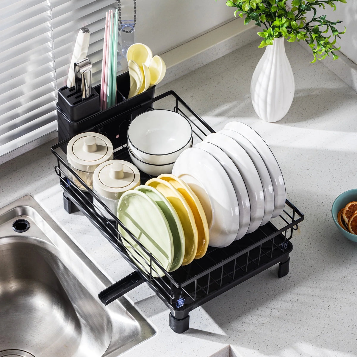 VUSIGN Dish Drying Rack - Space-Saving Dish Rack,Dish Racks for Kitchen Counter with Drainboard, Rustproof Dish Drainer with a Removable 4-Compartment Utensil Holder,Black