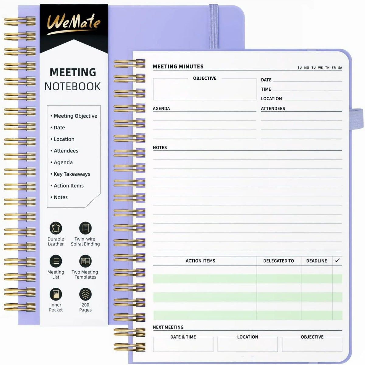 WEMATE Simplified Meeting Notebook for Work with Action Items 200 Pages, B5 (10" × 7") - Light Purple