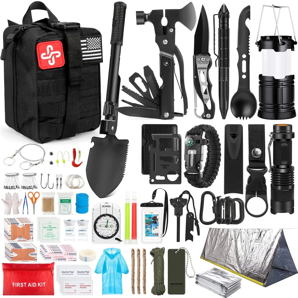 KAQINU Survival Kit 250 Pcs with Molle System Compatible Bag,Emergency Tent,Flashlight and more Great Gift for Men Camping Outdoor Adventures