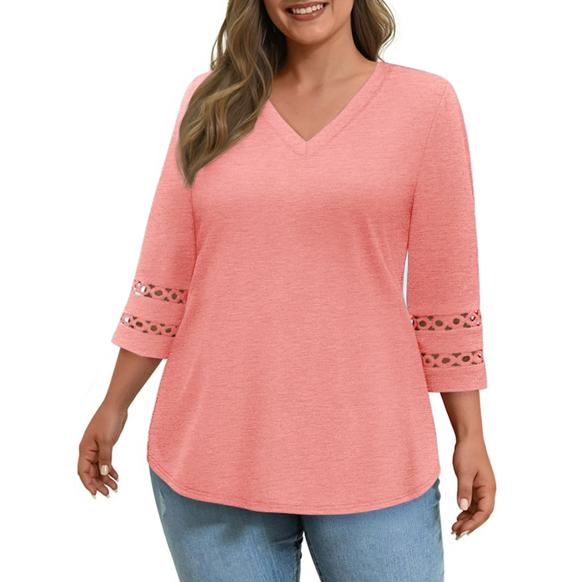 WellSize 3/4 Sleeve Womens Plus Size Tops V Neck Trendy Tunic Blouses Curved Hem Casual Shirts