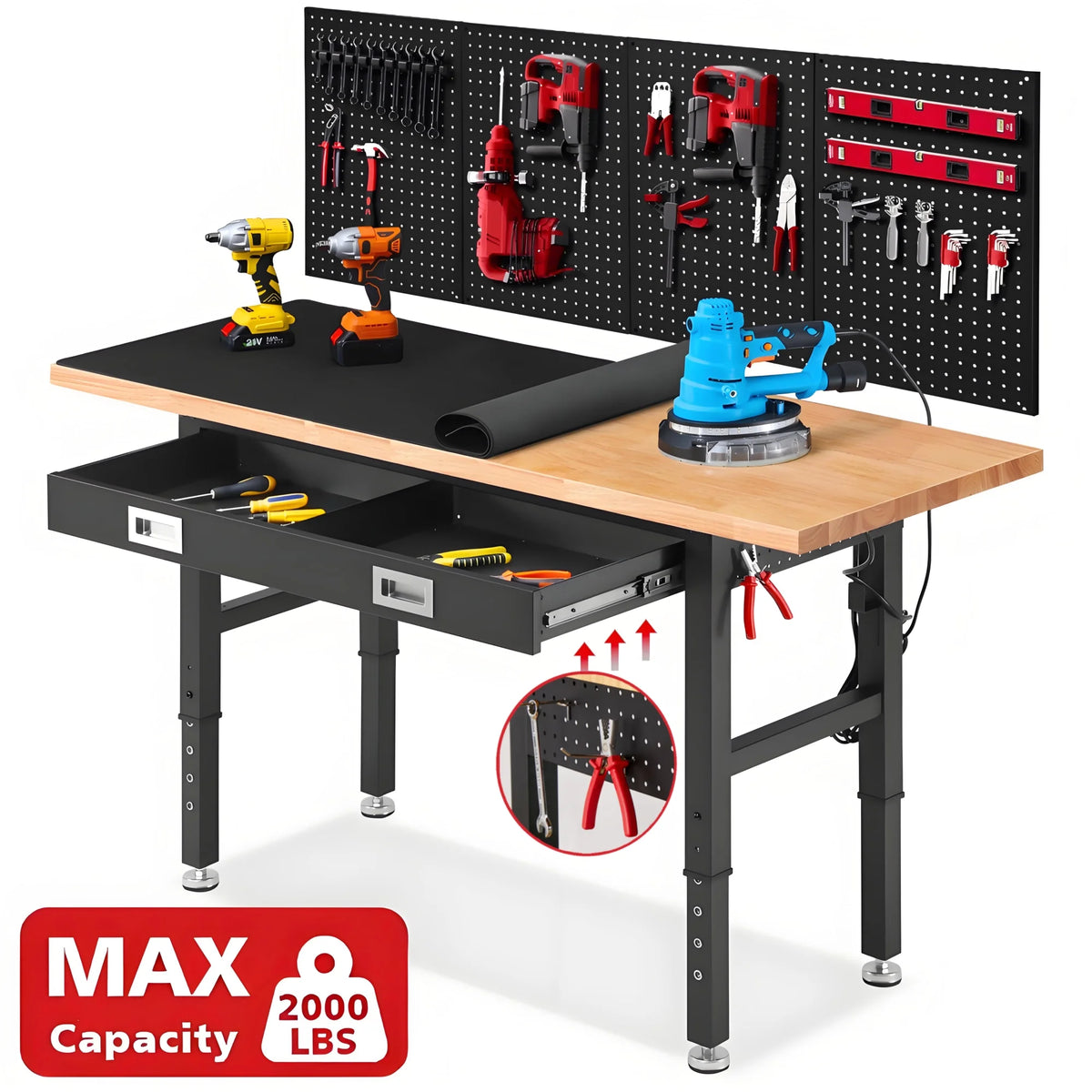 Workbench for Garage,ENJOYWOOD Heavy Duty 60 inch Wood Work Bench with Drawer and Storage Pegboards,Rubber Wood Tabletop,2000 LBS Load Bearing Workstation Garage Desk Table Worktable