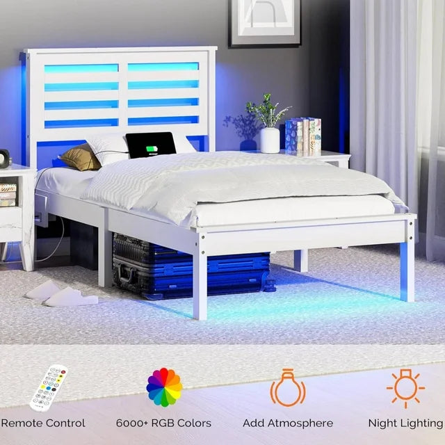 Zimtown Twin Wood Bed Frame with Charging Station, Lighted Platform Bed, White