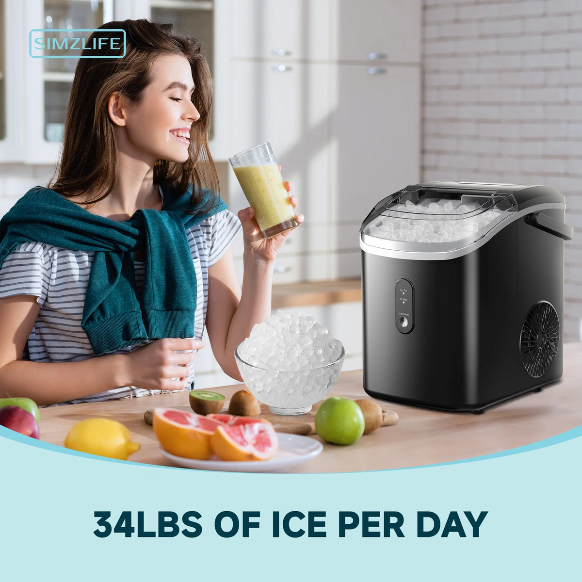 Simzlife Nugget Ice Maker Countertop, Portable Ice Maker Machine with Handle, Self-Cleaning, Ready in 6 Mins, 34lbs/24H, Soft Chewable Ice, Black