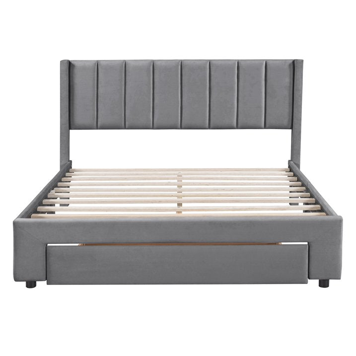 SYNGAR Queen Size Bed Frame, Modern Upholstered Velvet Platform Bed Frame with Headboard and Drawer, Strong Support Legs and Wood Slats, No Box Spring Needed, Easy Assembly, Gray
