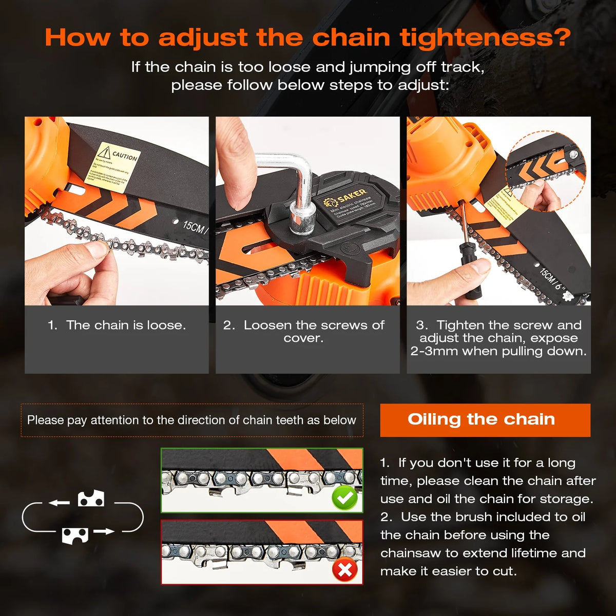Saker 6 inch Cordless Mini Chainsaw with 2 22V 1500mAH Batteries, Portable Handheld Chainsaw with LED Indicator for Tree Trimming, Gardening, and Household Use, Orange