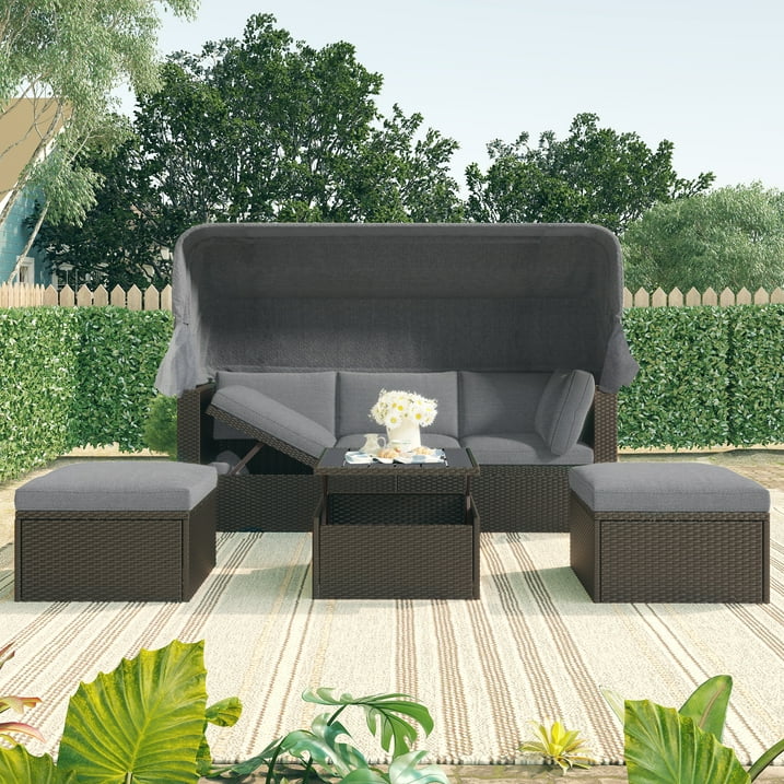 Patio Sectional Daybed, Outdoor Wicker Furniture Set with Retractable Canopy, Sectional Sofa Set w/Height Adjustable Table Cushions for Patio Deck Poolside Garden Backyard