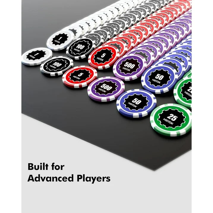 HEITOK 300 Piece Poker Chips Set with Denominations 11.5g Weighted Chips, Includes 5 Dice 2 Card Decks in Durable Aluminum Case for Poker Nights Card Games
