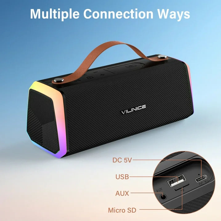 VILINICE Bluetooth Speaker, IPX6 Waterproof Portable Wireless Speaker Outdoor with Handle, RGB Lights, Dual Drivers for Deep Bass Stereo Sound